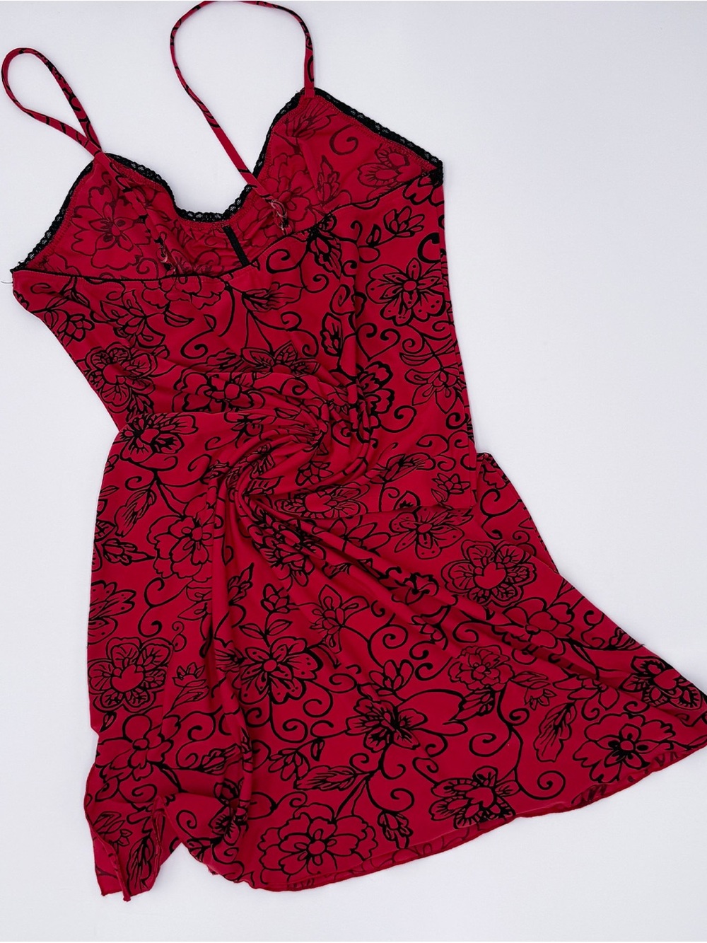 Red Floral Slip Dress with Black Lace Trim